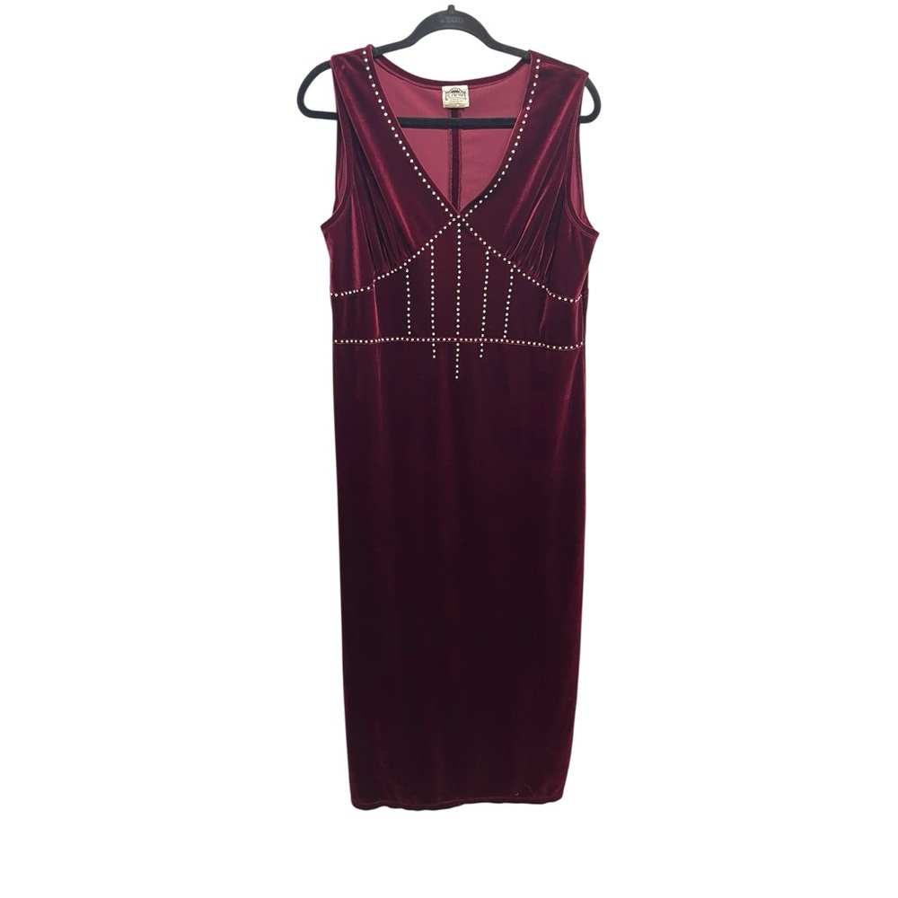 Vintage Elegant Burgundy Velvet Dress Rhinestone Bodice Y2K Sleeveless Maxi XL